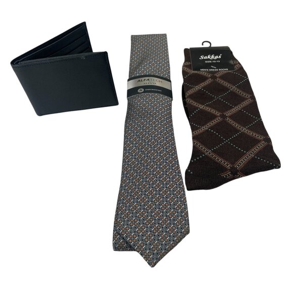 Mens Dress Socks Tie Wallet Gift Set Alfani Genuine Leather Business Formal - Picture 2 of 12